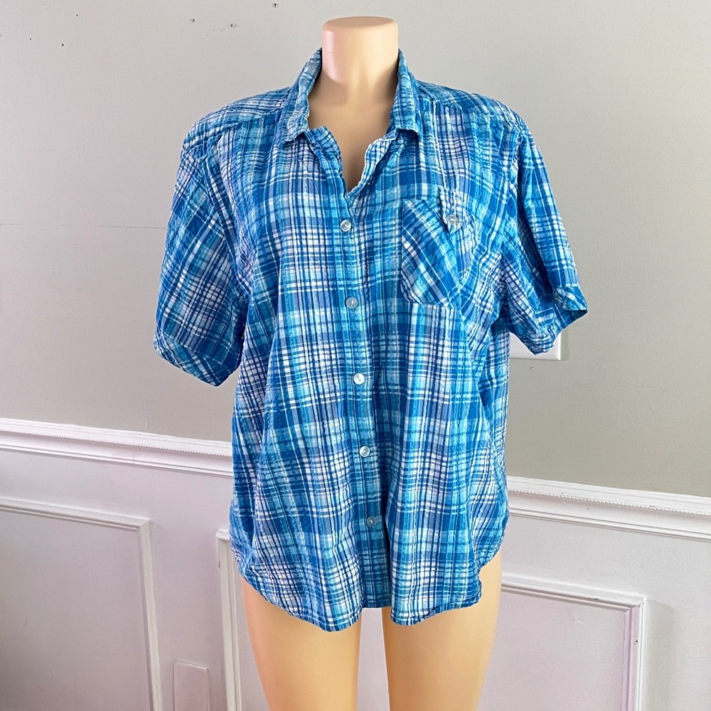 Pappagallo Button Up Shirt Womens 2X Seersucker Plaid Short Sleeve Blue Summer